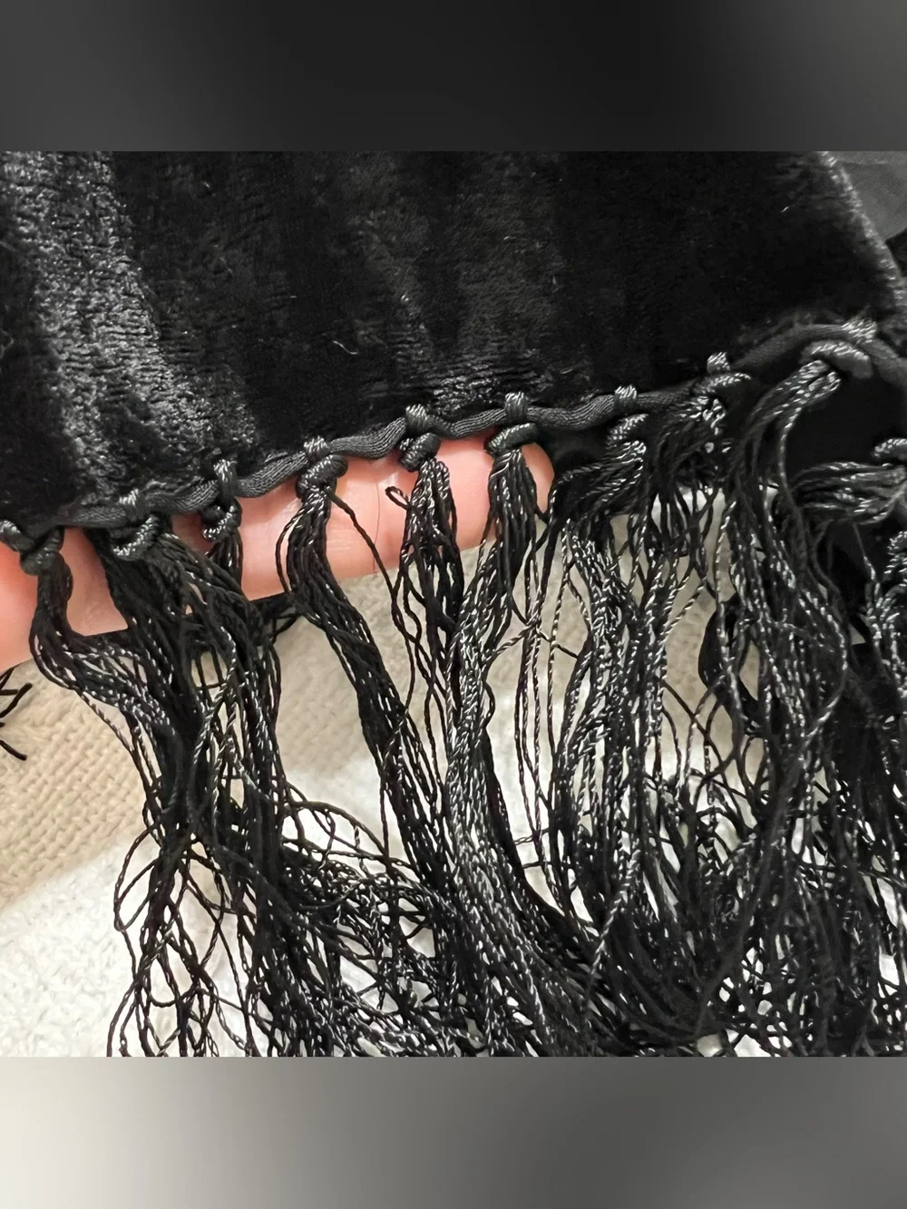 Silk/Rayon Black Burnout Velvet Patterned Fringe Detail Long Scarf Shawl